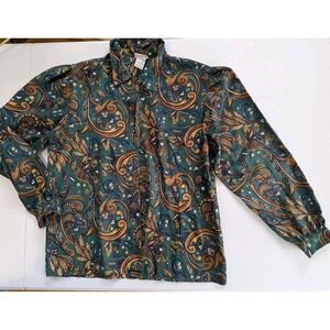 Koret Vintage Paisley Button Up Shirt Green Teal Boho 90s Y2K Size 10 Polyester